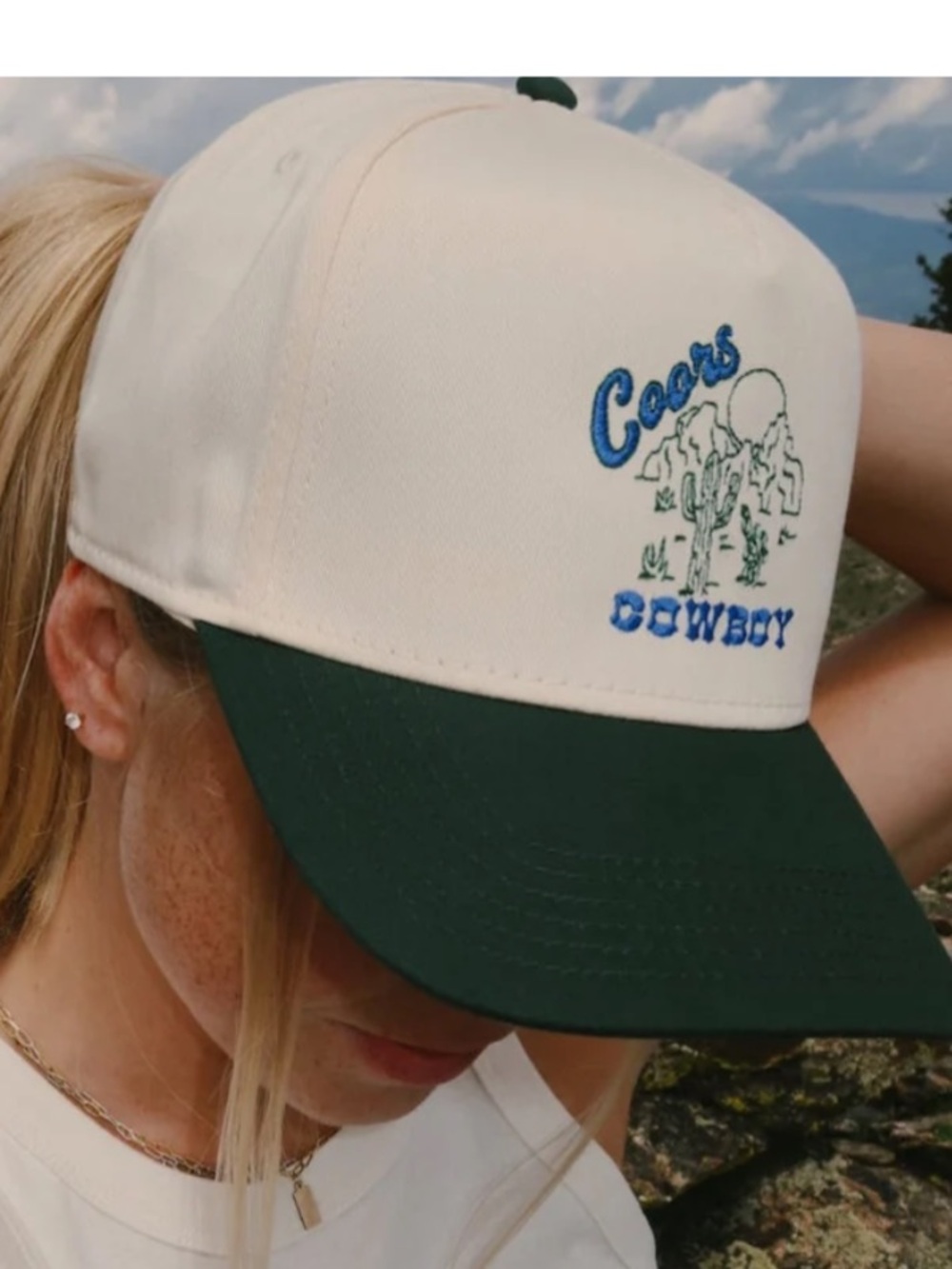RawRebellious White Trucker Hat with Green Brim and “Coors Cowboy” graphic NWOT